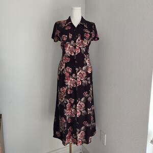 90s IZ California Brown Rose Print Button Front Midi Shirt Dress Short Sleeve M